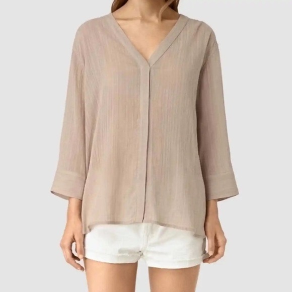 AllSaints | Wairyn Button Down Split Neck Blouse Shirt Size 4 Neutral Cotton - Picture 1 of 11